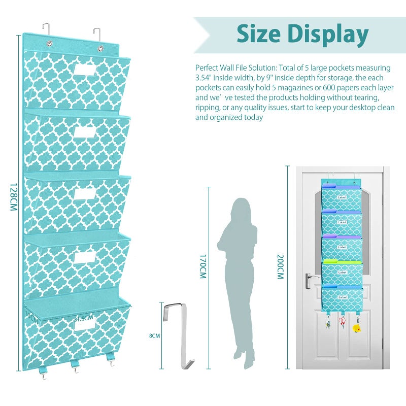 Homyfort Over the Door File Organizer, Hanging File Folders, Wall Organizers and Storage for Mail, Magazine, Notebooks, Planners, Office, Classroom, 5 Extra Large Pockets, 50.39â€ Tall (Blue Lantern Pattern) - Image 4